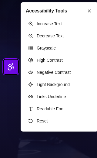 Accessibility menu on muvmartialarts.com with options for Increase Text, Decrease Text, Grayscale, High Contrast, Negative Contrast, Light Background, Links Underline, Readable Font, and Reset