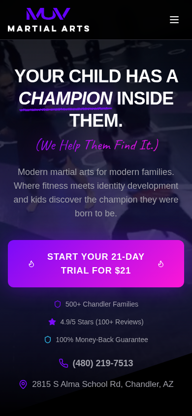 MUV Martial Arts homepage on mobile — built mobile-first